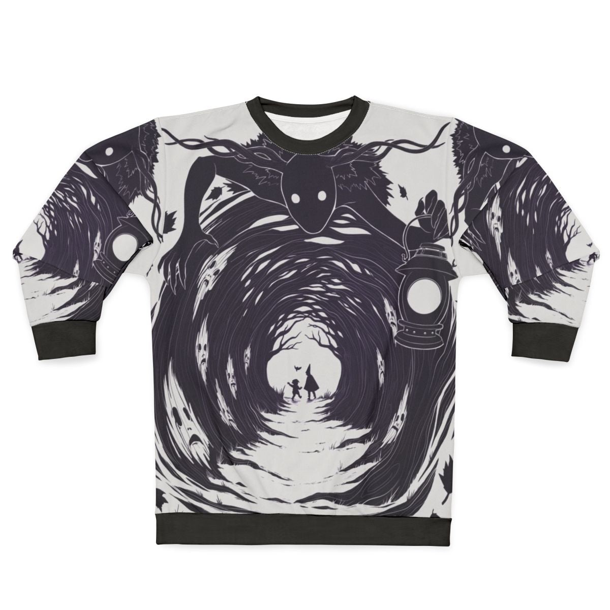 Over the Garden Wall inspired sweatshirt design featuring forest creatures and dark fantasy elements