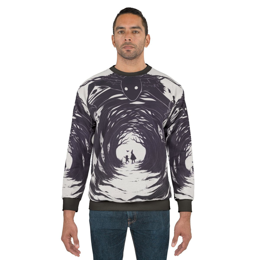 Over the Garden Wall inspired sweatshirt design featuring forest creatures and dark fantasy elements