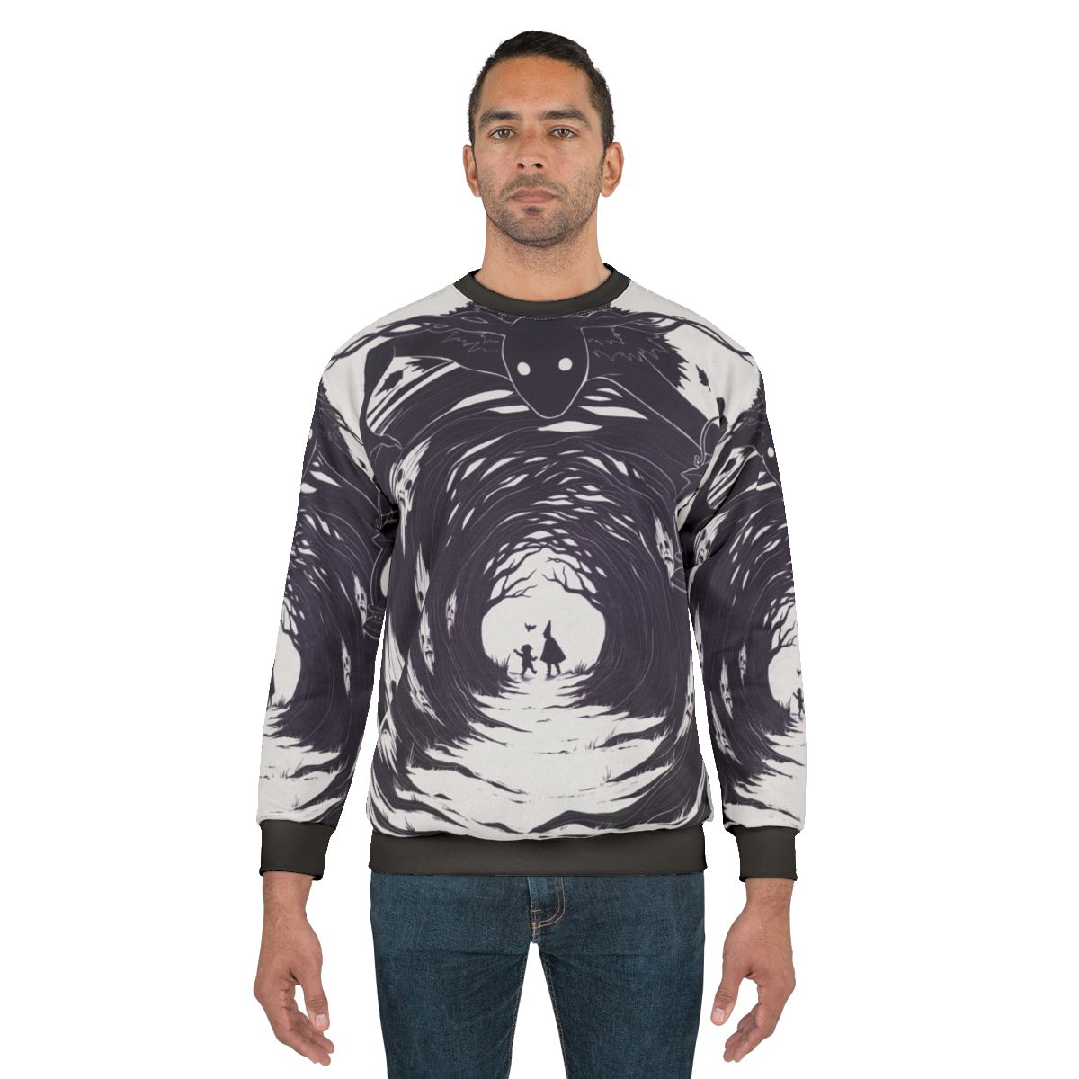 Over the Garden Wall inspired sweatshirt design featuring forest creatures and dark fantasy elements