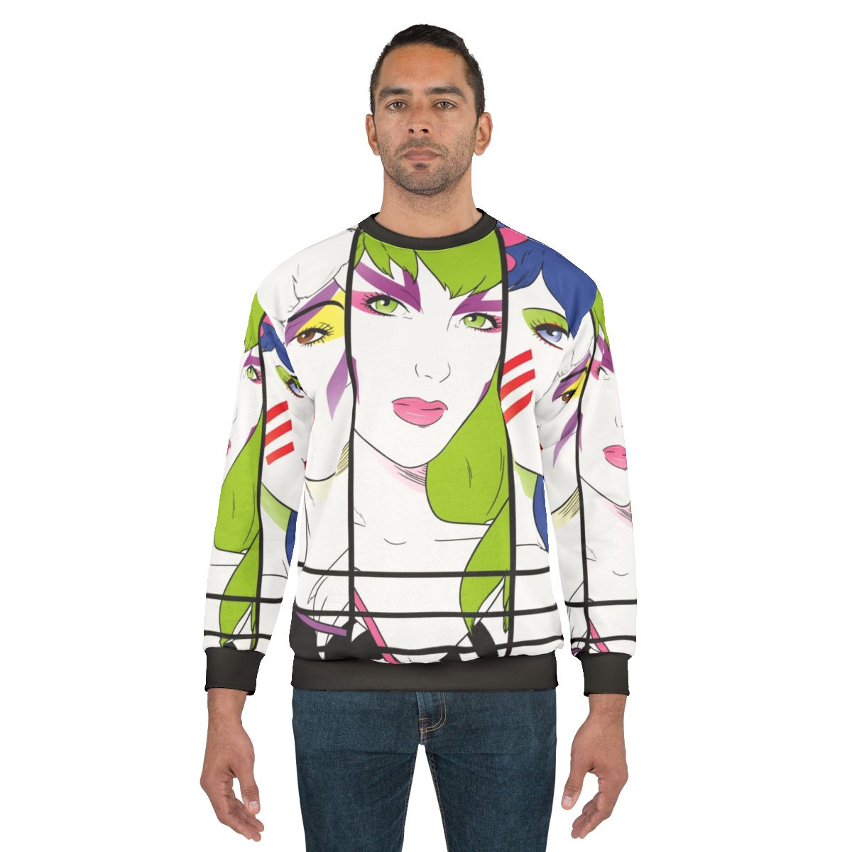 80s-style sweatshirt featuring a retro graphic of Jem and the Holograms
