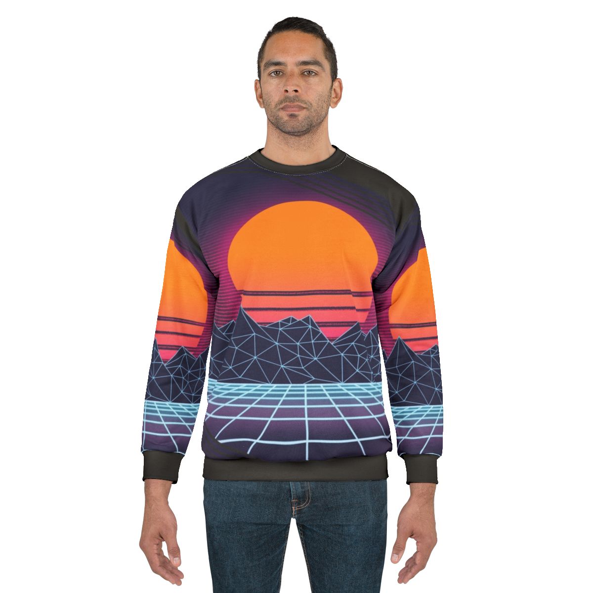 Outrun sunset sweatshirt with 80s cyberpunk aesthetic
