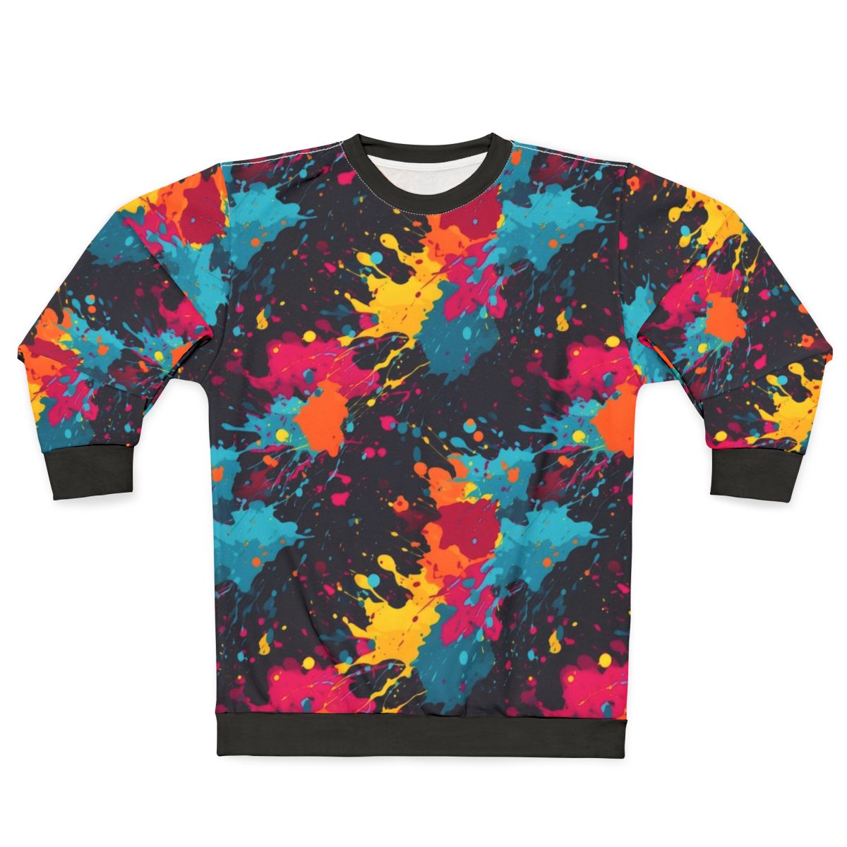 Colorful paint splatter design on a sweatshirt