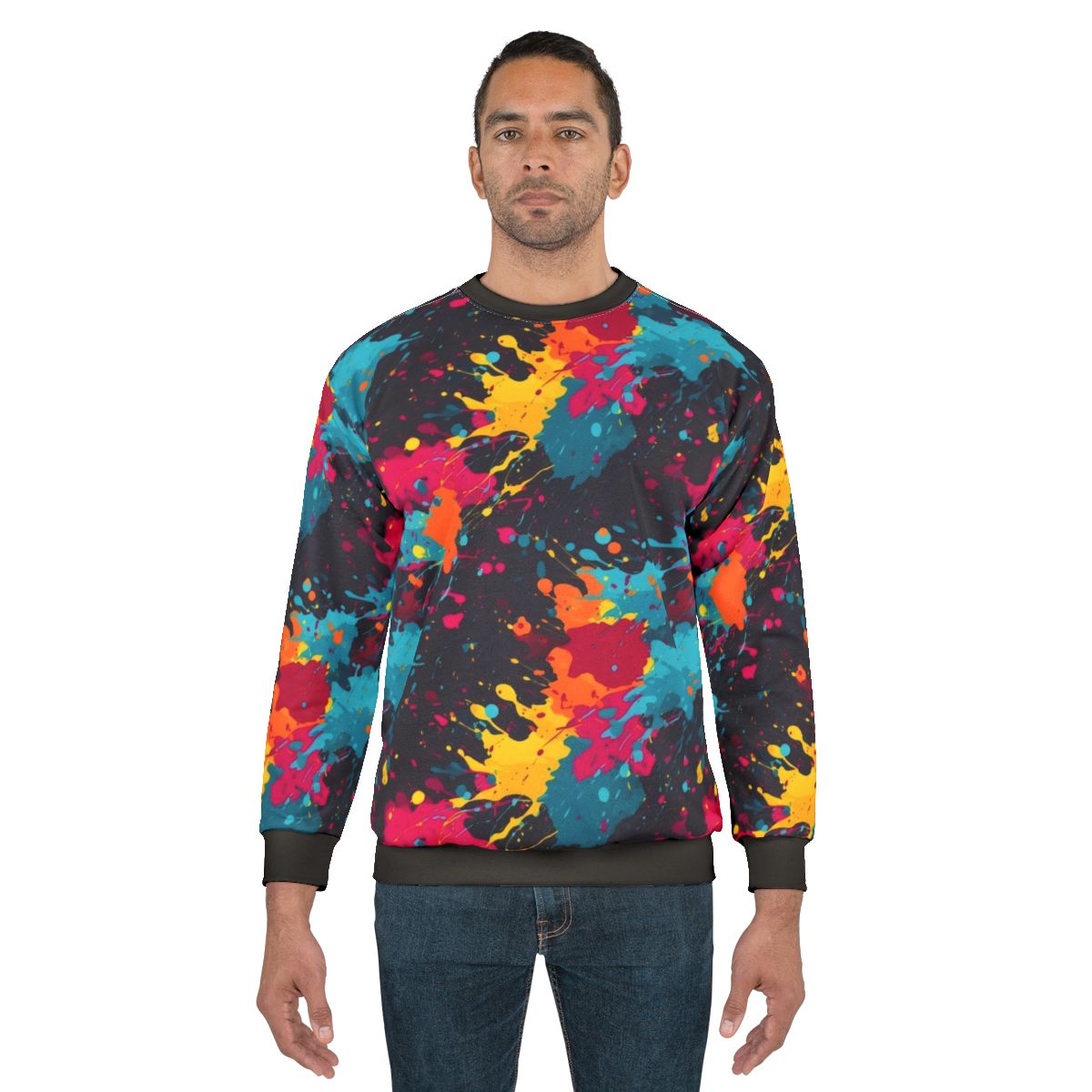 Colorful paint splatter design on a sweatshirt