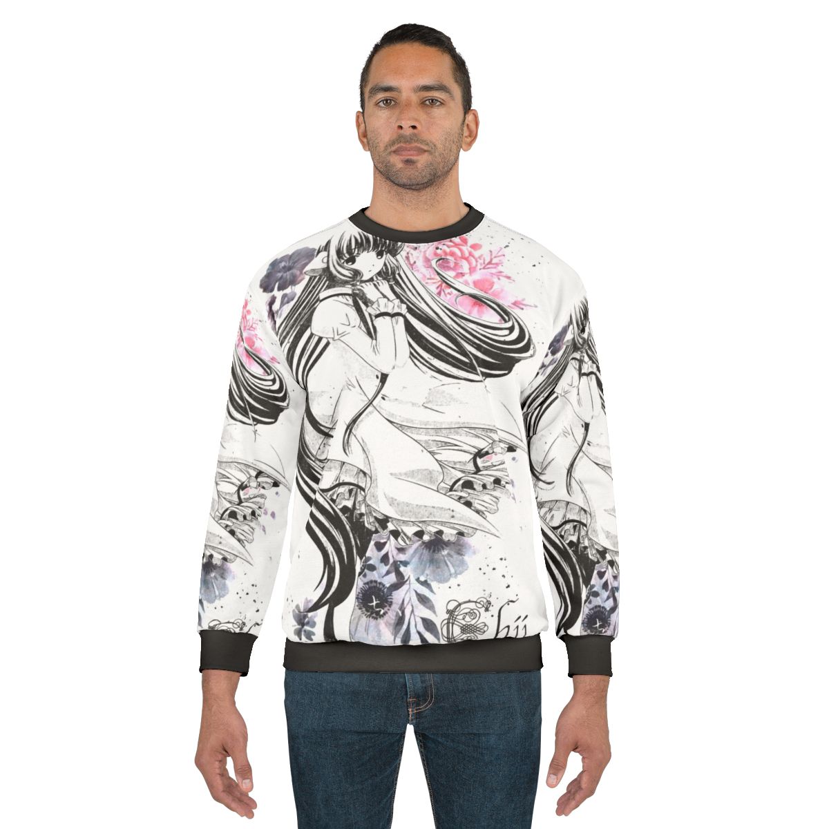 Painted Garden Sweatshirt with floral watercolor and anime-inspired design