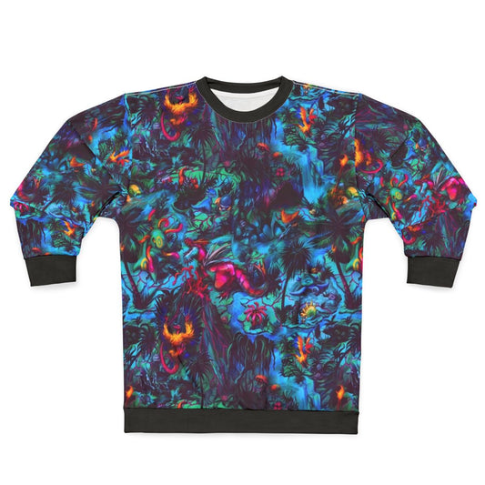 Paleo party dinosaur sweatshirt with psychedelic, ancient creature design