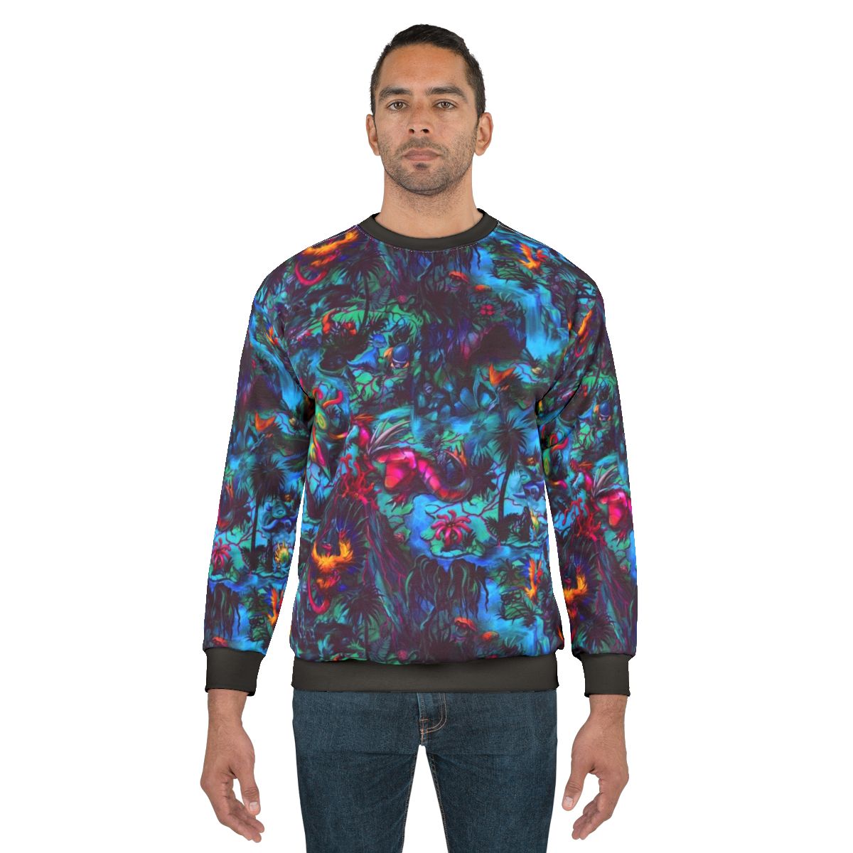 Paleo party dinosaur sweatshirt with psychedelic, ancient creature design