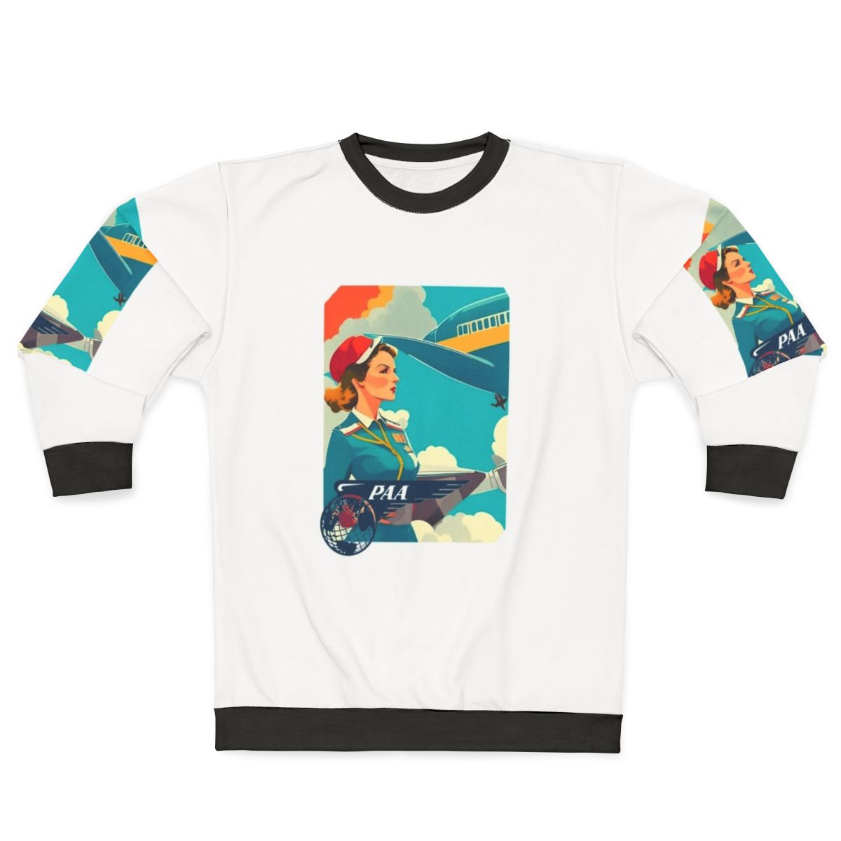 Vintage Pan Am Sweatshirt with Airplane, Clouds, and Retro Uniform