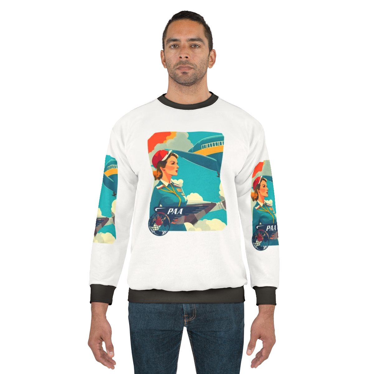 Vintage Pan Am Sweatshirt with Airplane, Clouds, and Retro Uniform