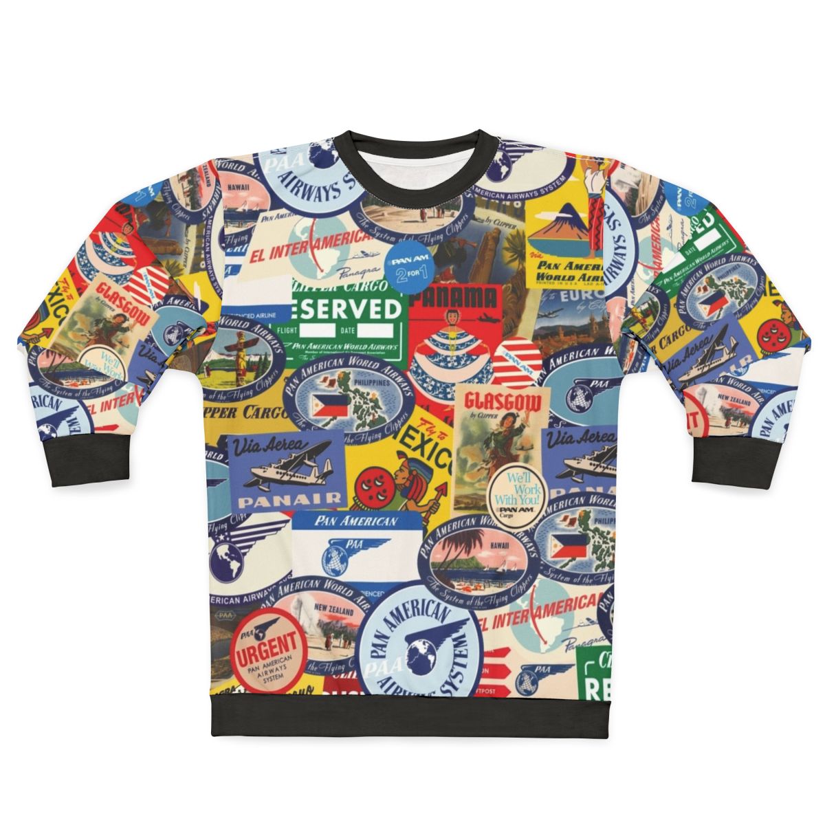 Vintage Pan Am travel sweatshirt with retro airline sticker pattern