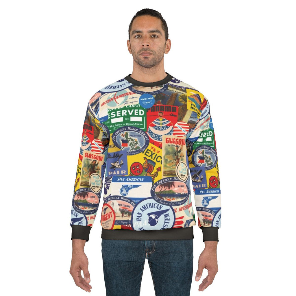 Vintage Pan Am travel sweatshirt with retro airline sticker pattern