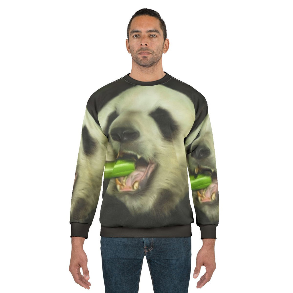 Cute panda bear wearing panda sweatshirt