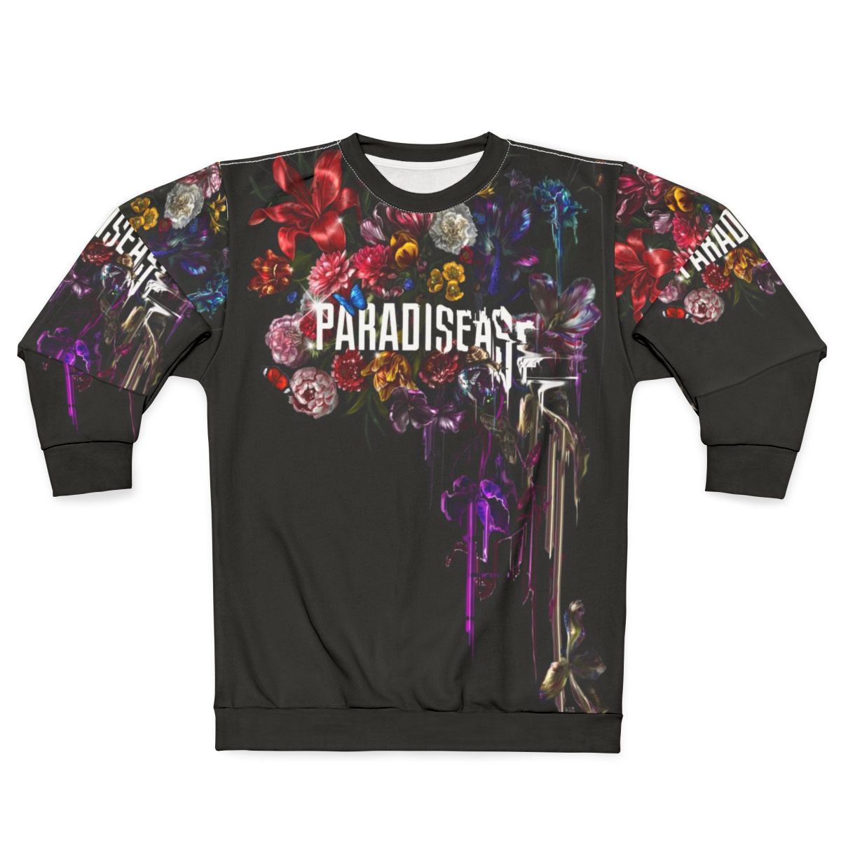 Paradise Corrupt Sweatshirt featuring glitch floral sci-fi botanical design