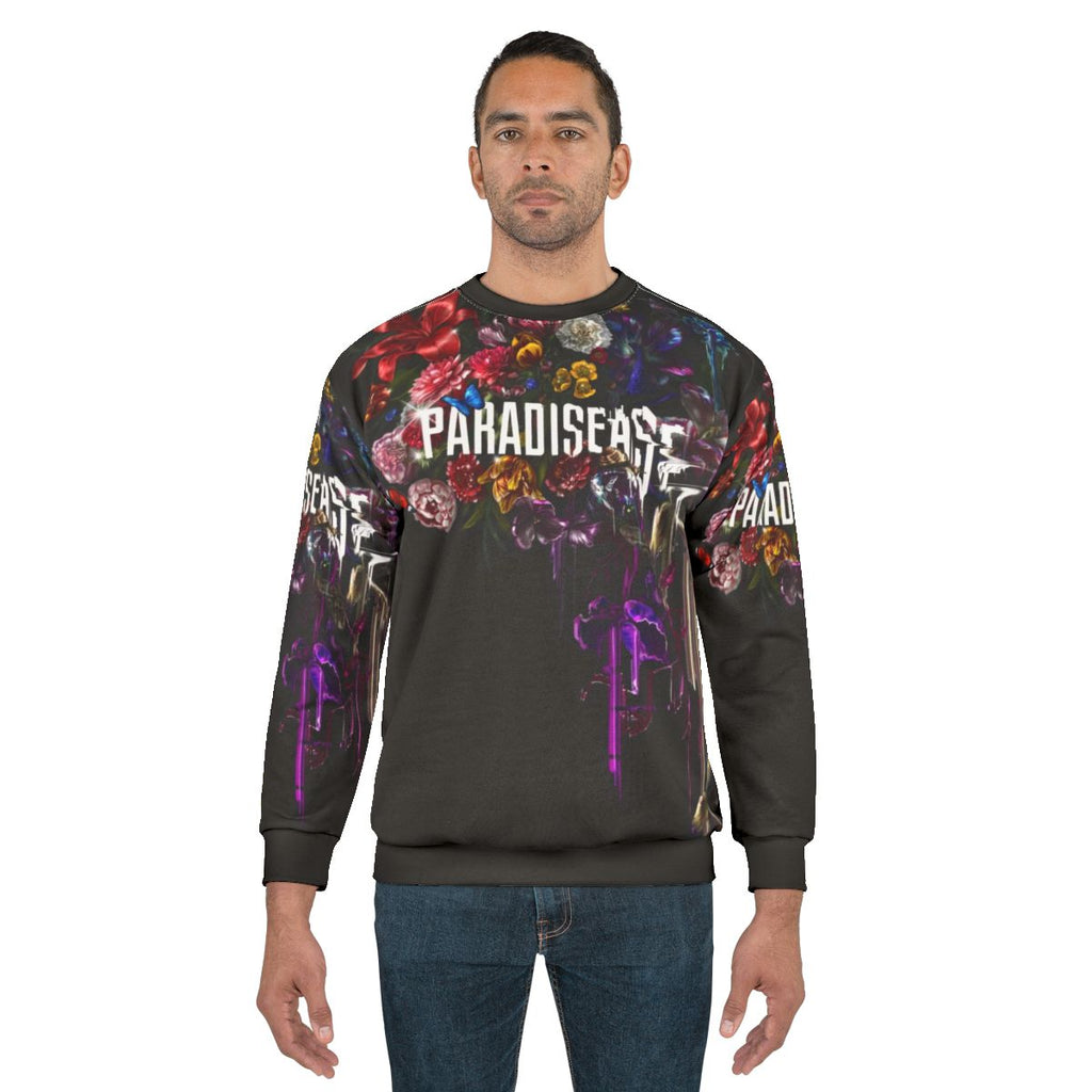 Paradise Corrupt Sweatshirt featuring glitch floral sci-fi botanical design