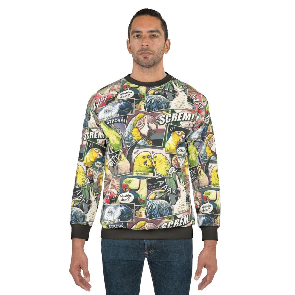 Parrot-themed sweatshirt with a comic-inspired design