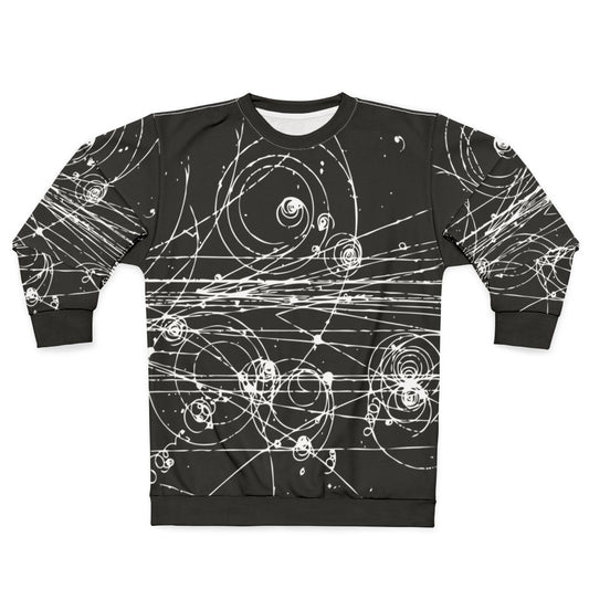Dark sweatshirt with particle tracks design for physics and science enthusiasts