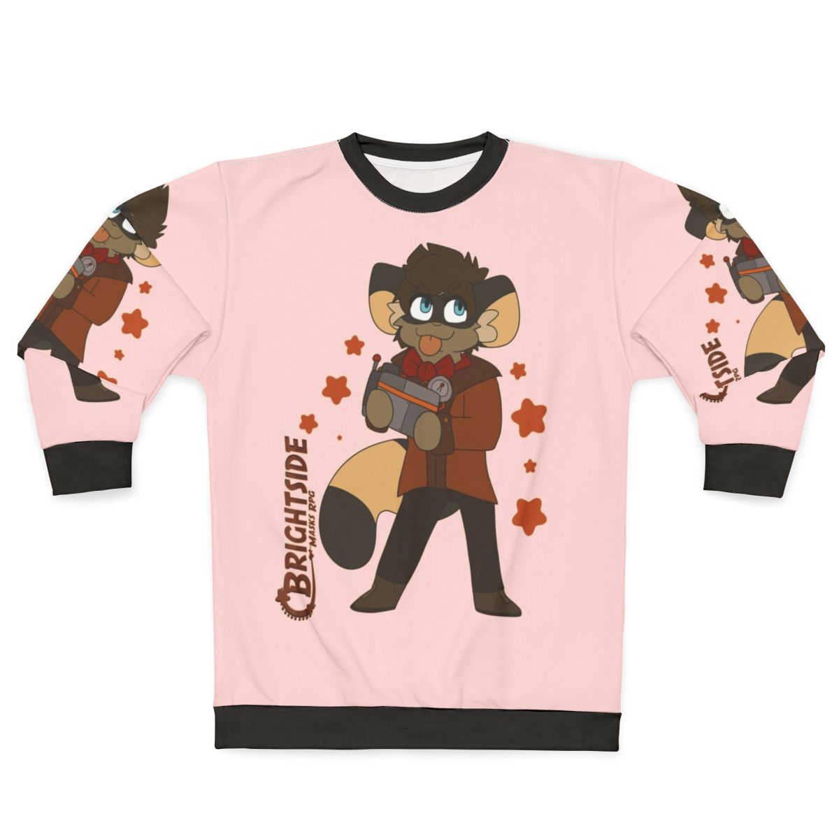 Chibi superhero and villain design on a cozy sweatshirt