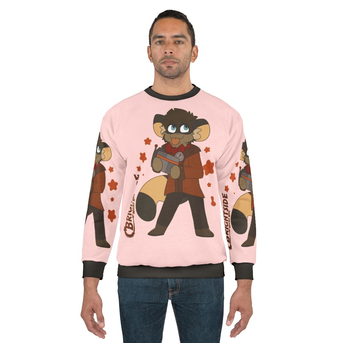 Chibi superhero and villain design on a cozy sweatshirt