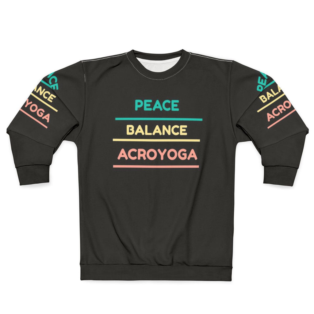 Acro yoga sweatshirt with peace, balance, and trust graphics