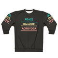 Acro yoga sweatshirt with peace, balance, and trust graphics