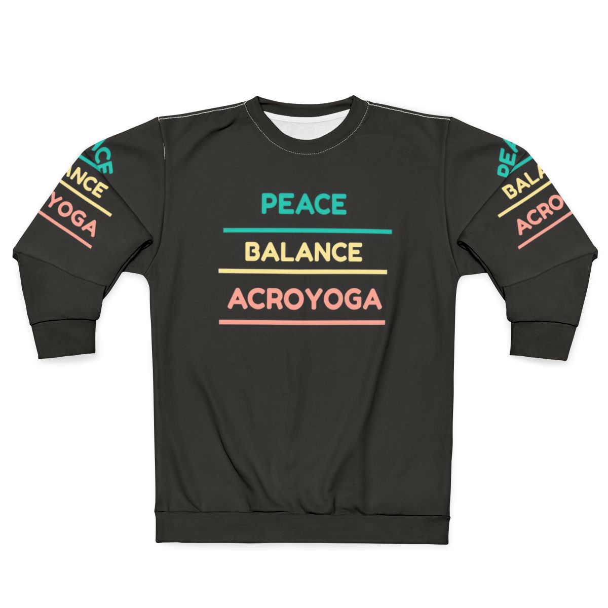 Acro yoga sweatshirt with peace, balance, and trust graphics