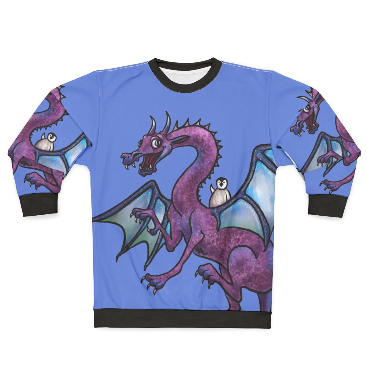 Penguin and dragon saving the day on a heroic fantasy sweatshirt