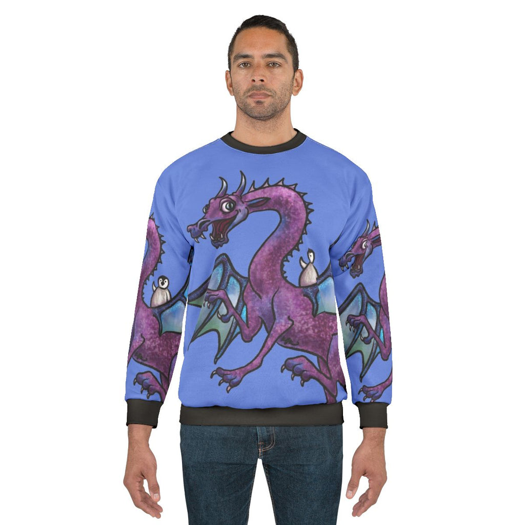 Penguin and dragon saving the day on a heroic fantasy sweatshirt