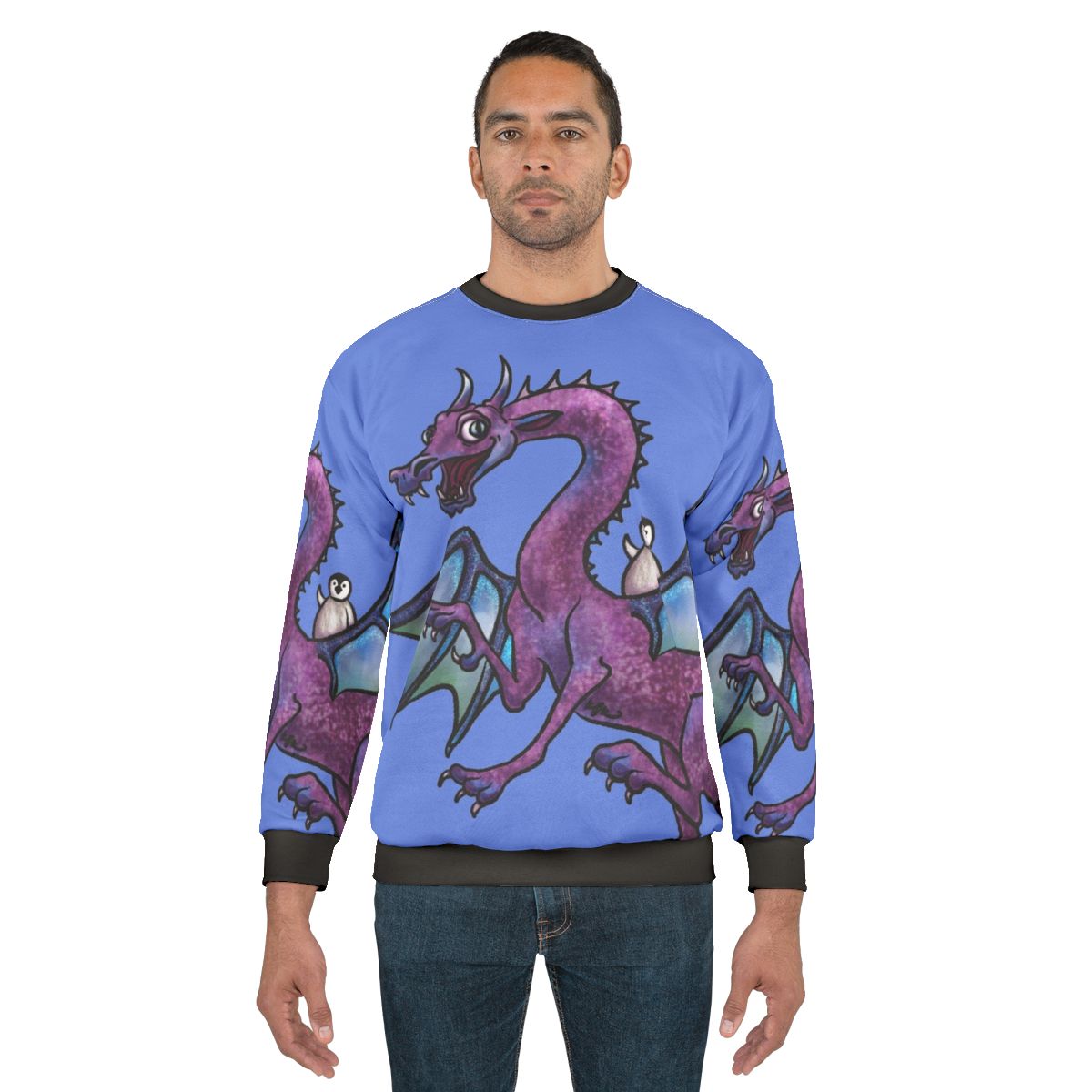 Penguin and dragon saving the day on a heroic fantasy sweatshirt