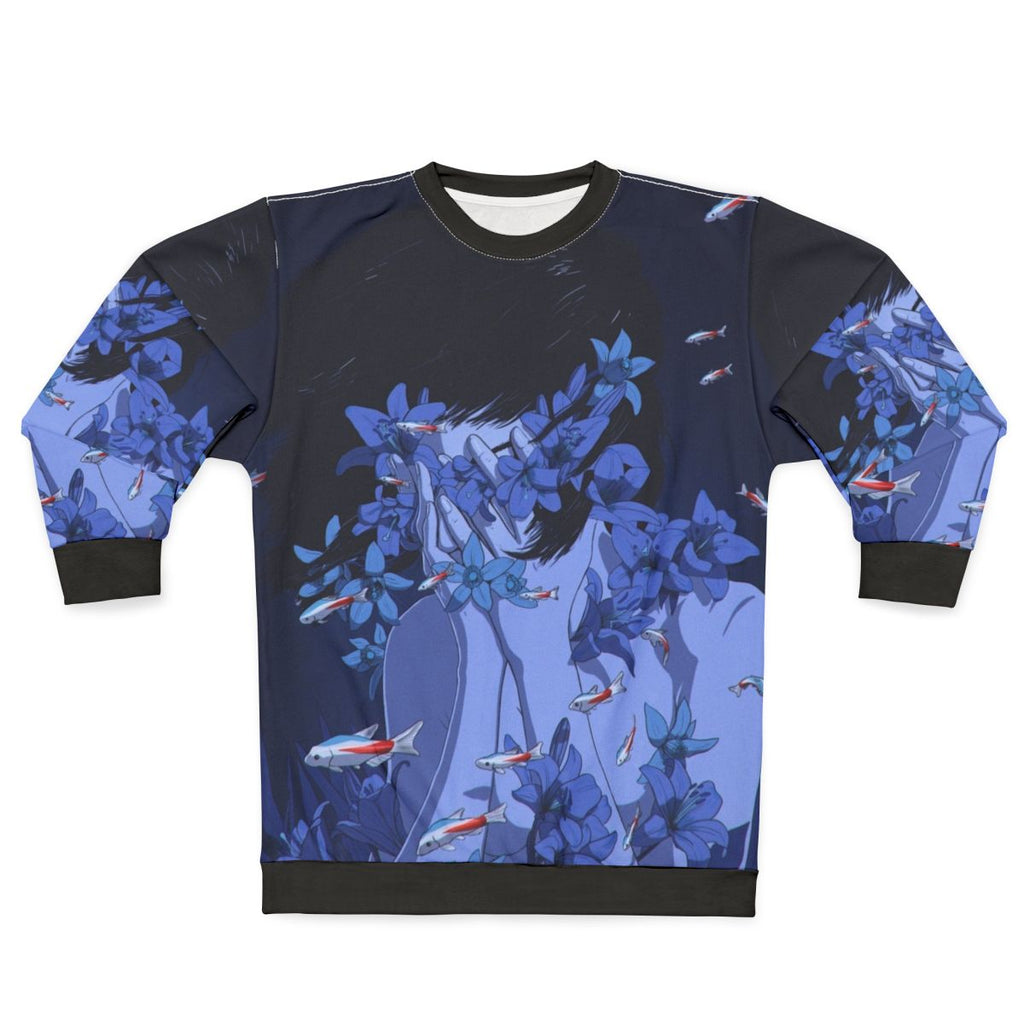 Blue sweatshirt with anime-style cartoon design featuring fish and flowers in a water-themed pattern