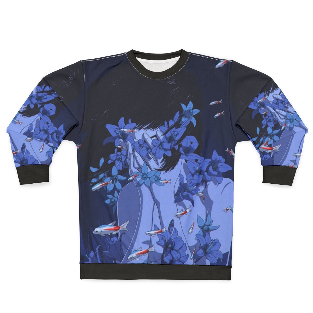 Blue sweatshirt with anime-style cartoon design featuring fish and flowers in a water-themed pattern
