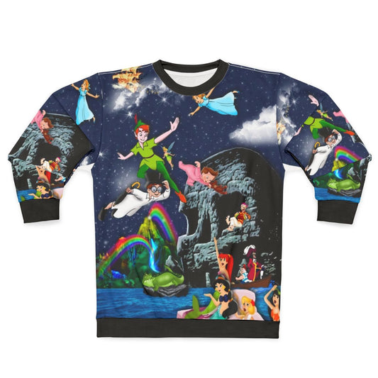 Peter Pan-themed sweatshirt with Neverland, sirens, and galleon design