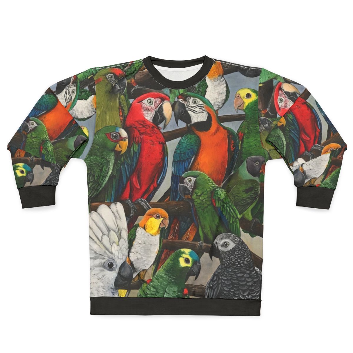 Exotic bird sweatshirt with parrots, macaws, and other avian species