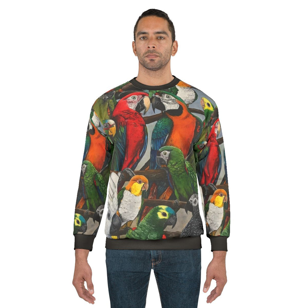 Exotic bird sweatshirt with parrots, macaws, and other avian species