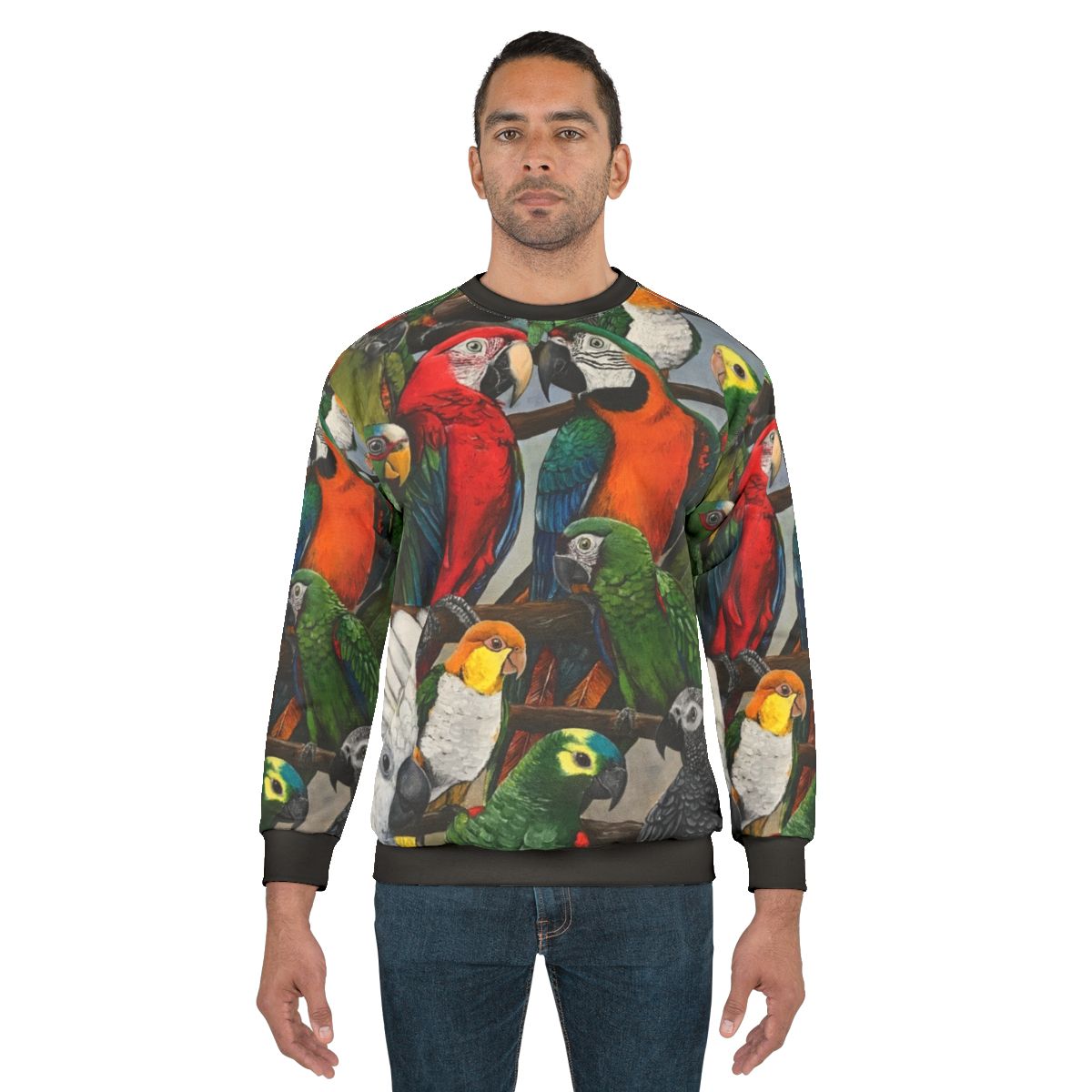 Exotic bird sweatshirt with parrots, macaws, and other avian species