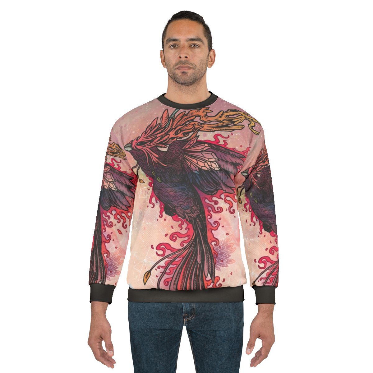 Vibrant phoenix bird sweatshirt with fiery feathers and mythical design