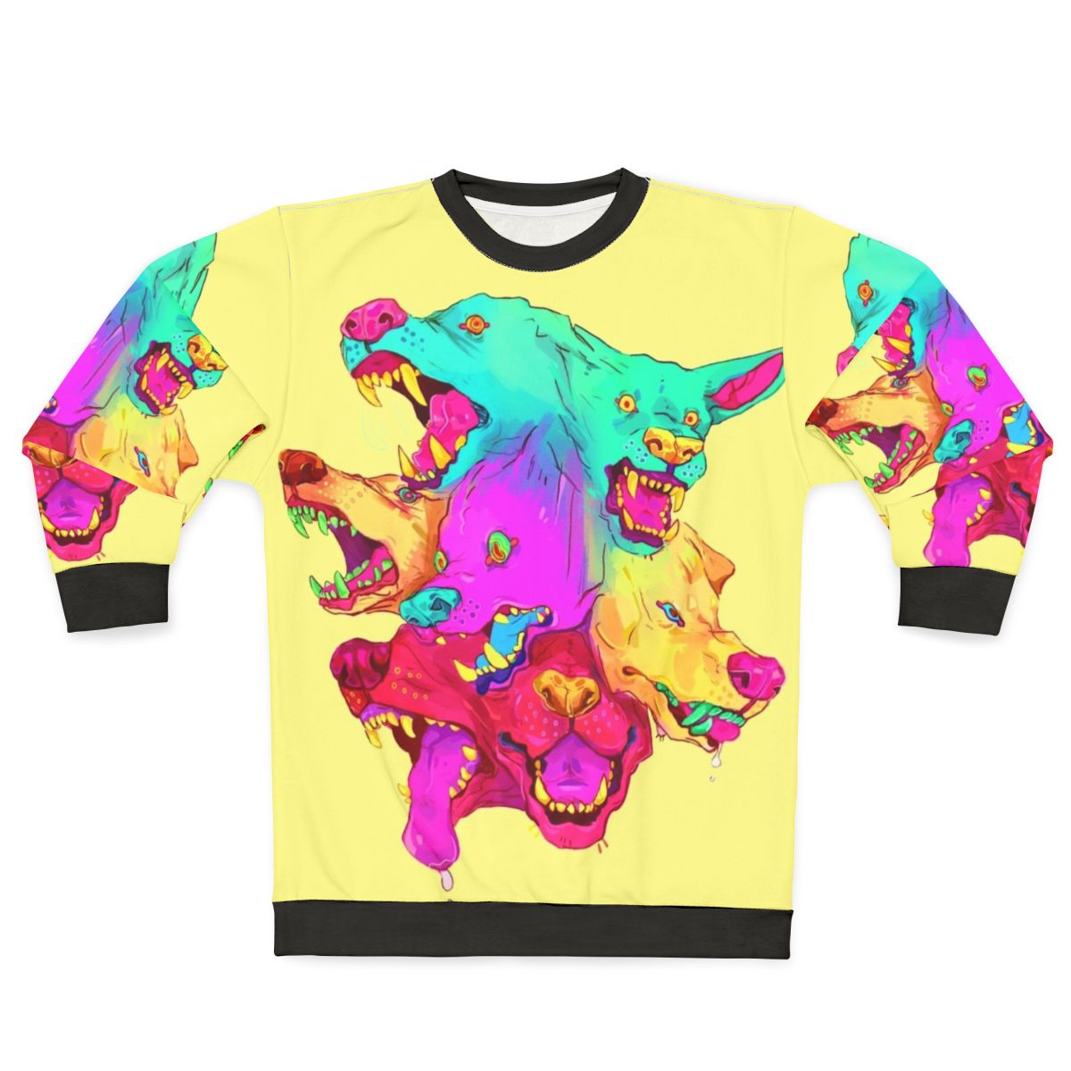 Pileup sweatshirt featuring a colorful cartoon monster with teeth design