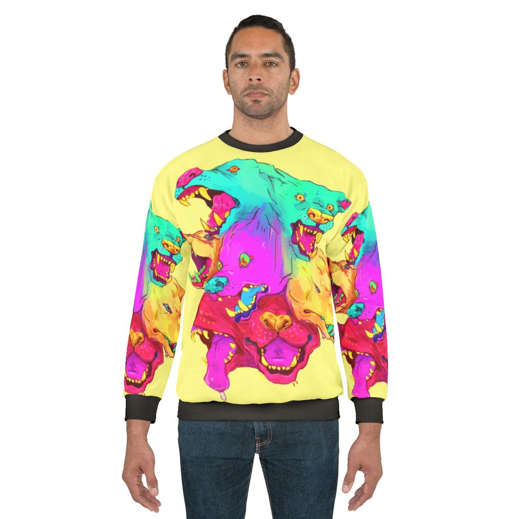 Pileup sweatshirt featuring a colorful cartoon monster with teeth design