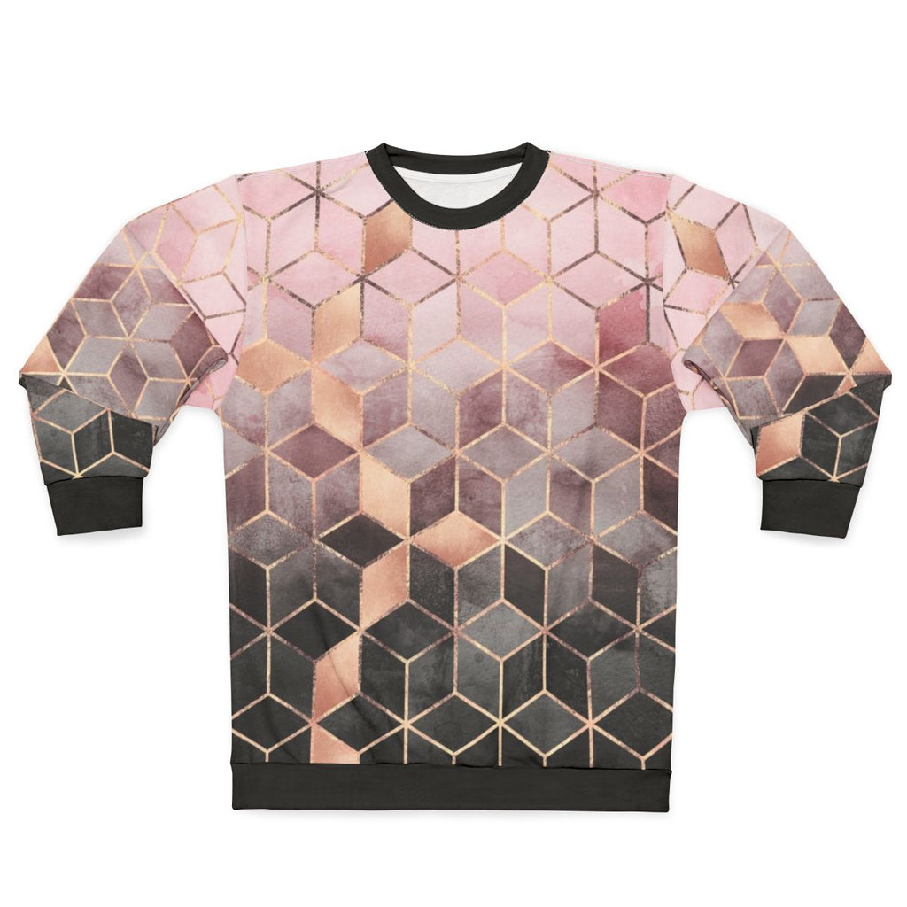Modern gradient cubes pattern printed on a pink and grey sweatshirt