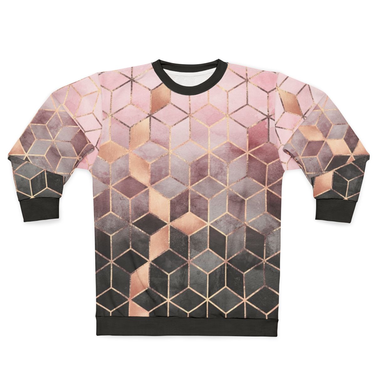 Modern gradient cubes pattern printed on a pink and grey sweatshirt