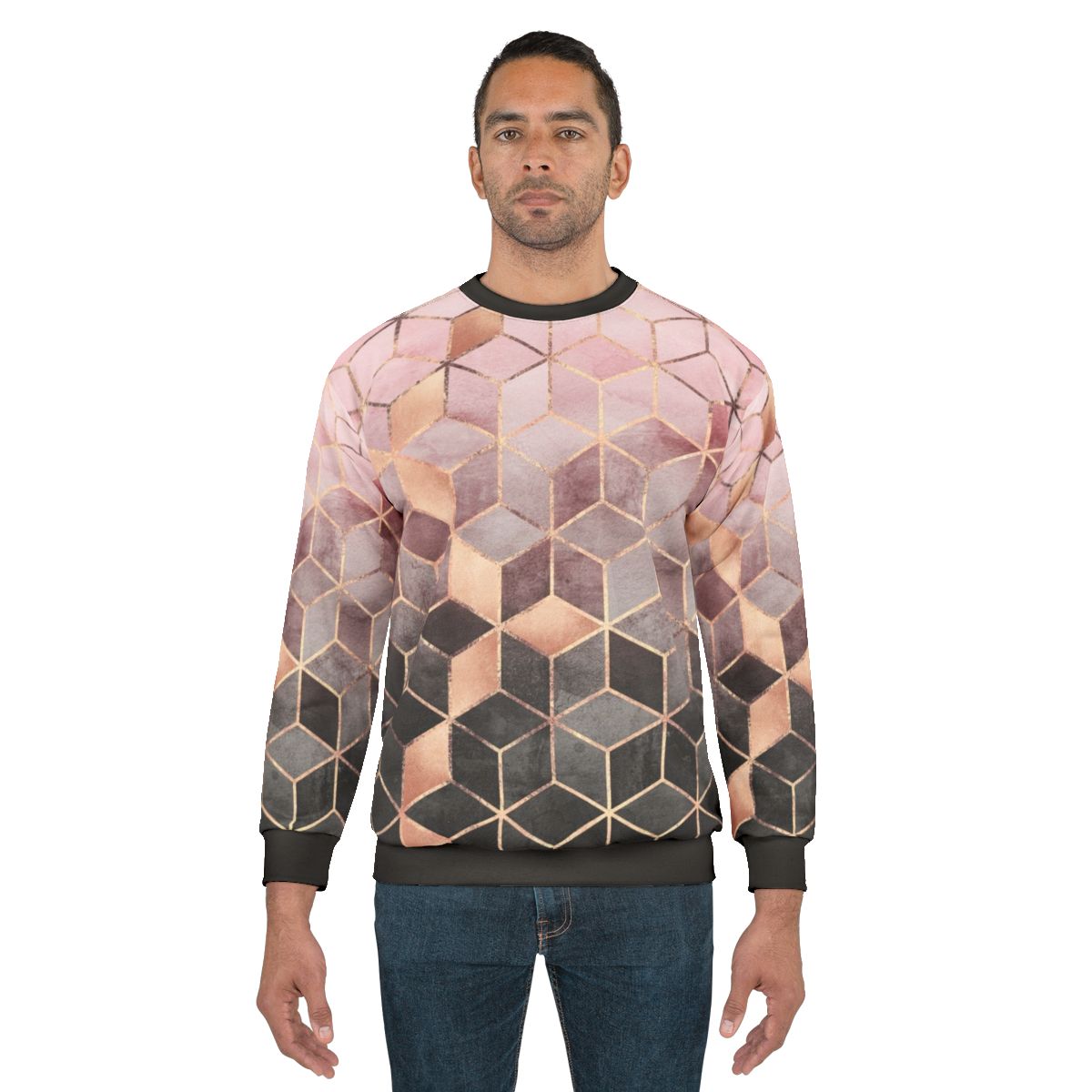 Modern gradient cubes pattern printed on a pink and grey sweatshirt