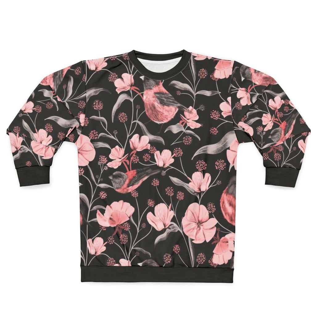 Pink birds and flowers botanical design on a sweatshirt