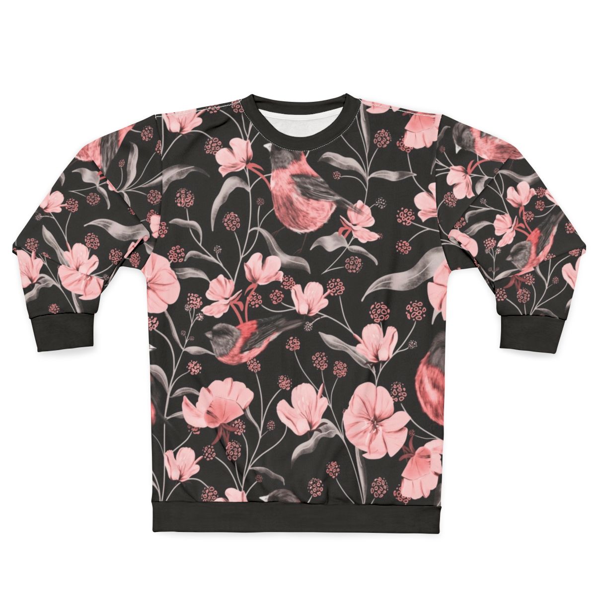 Pink birds and flowers botanical design on a sweatshirt