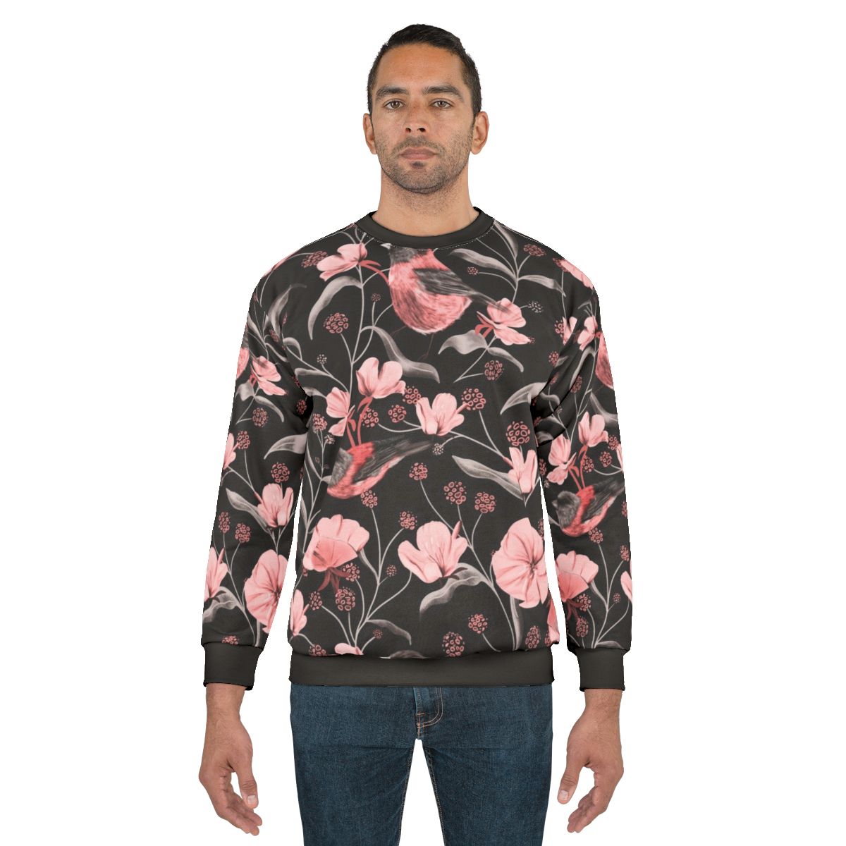 Pink birds and flowers botanical design on a sweatshirt