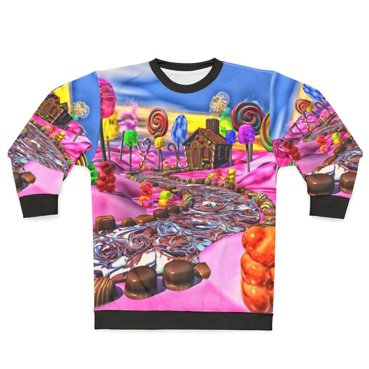 Pink sweatshirt featuring a candyland design with sweet treats