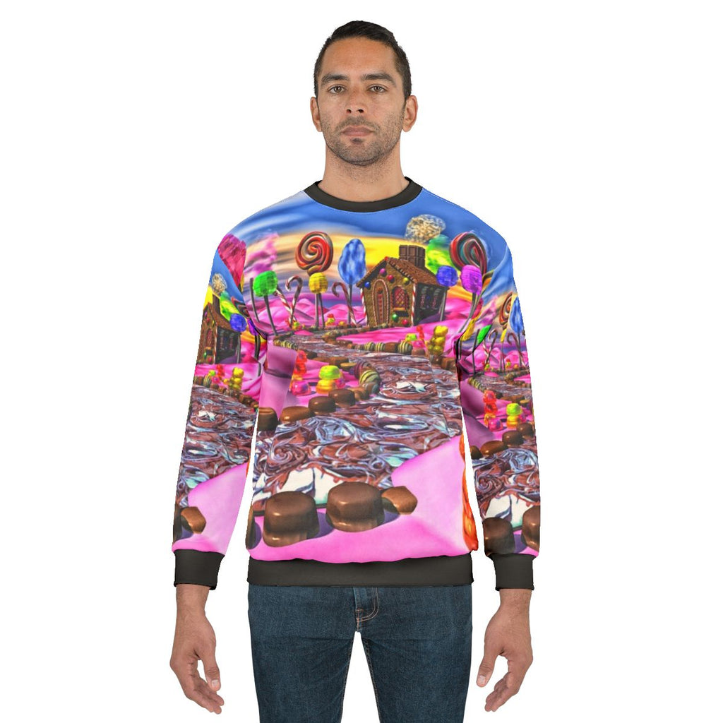 Pink sweatshirt featuring a candyland design with sweet treats
