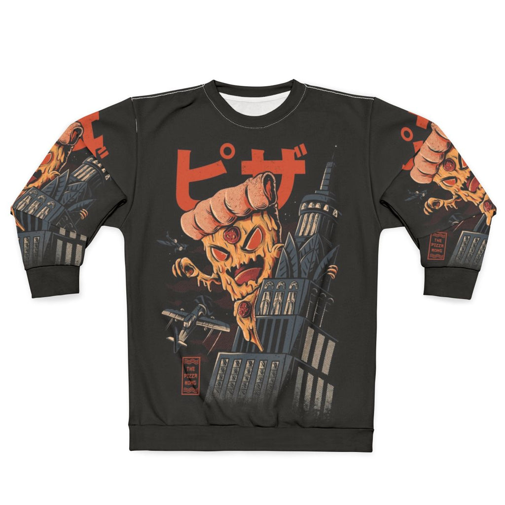 Retro pizza kong sweatshirt with vintage Japanese kaiju monster anime graphic