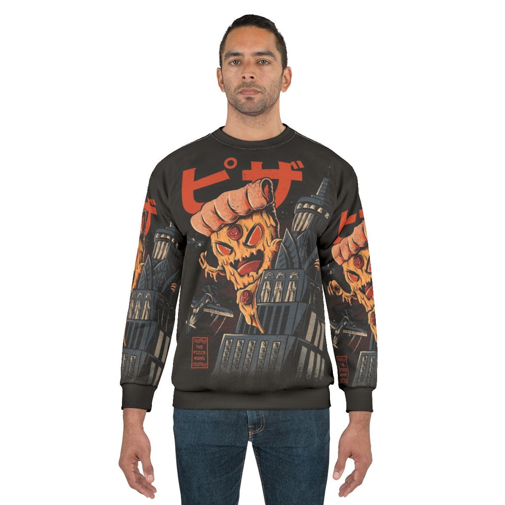 Retro pizza kong sweatshirt with vintage Japanese kaiju monster anime graphic