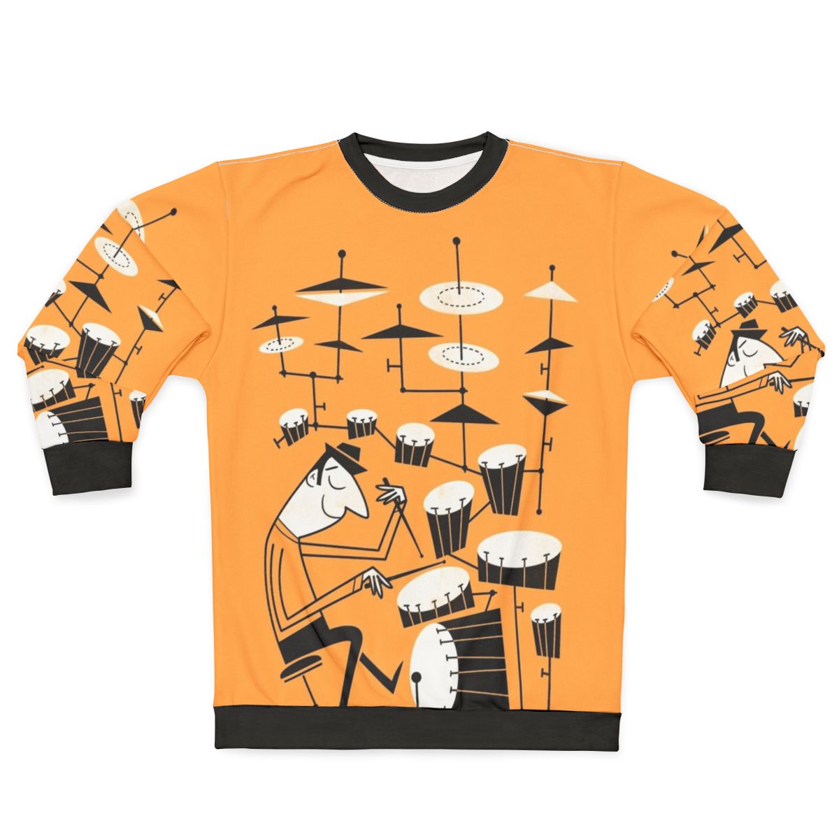 A person wearing a sweatshirt with a graphic design of drums and the text "Play That Beat"
