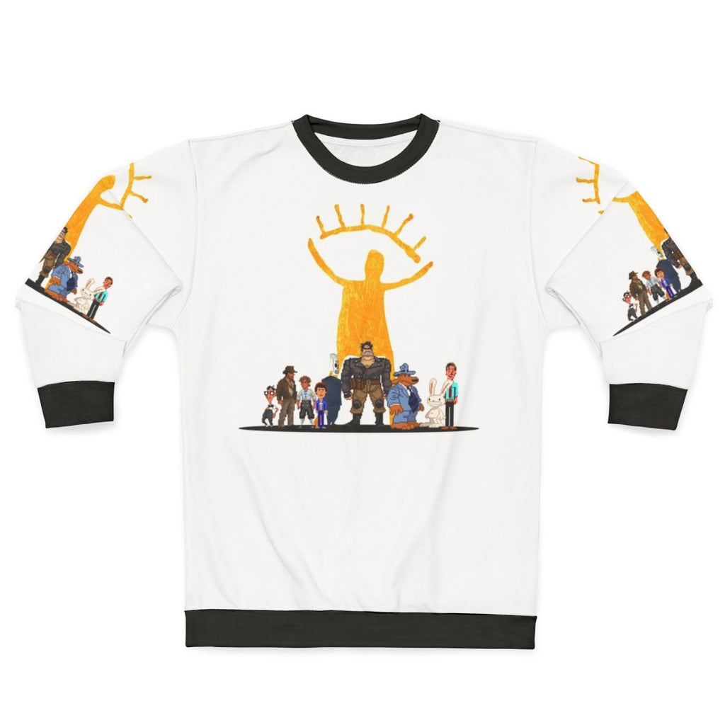 Classic point and click adventure games sweatshirt featuring Guybrush Threepwood and other iconic characters