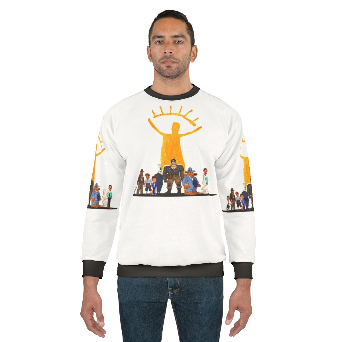 Classic point and click adventure games sweatshirt featuring Guybrush Threepwood and other iconic characters