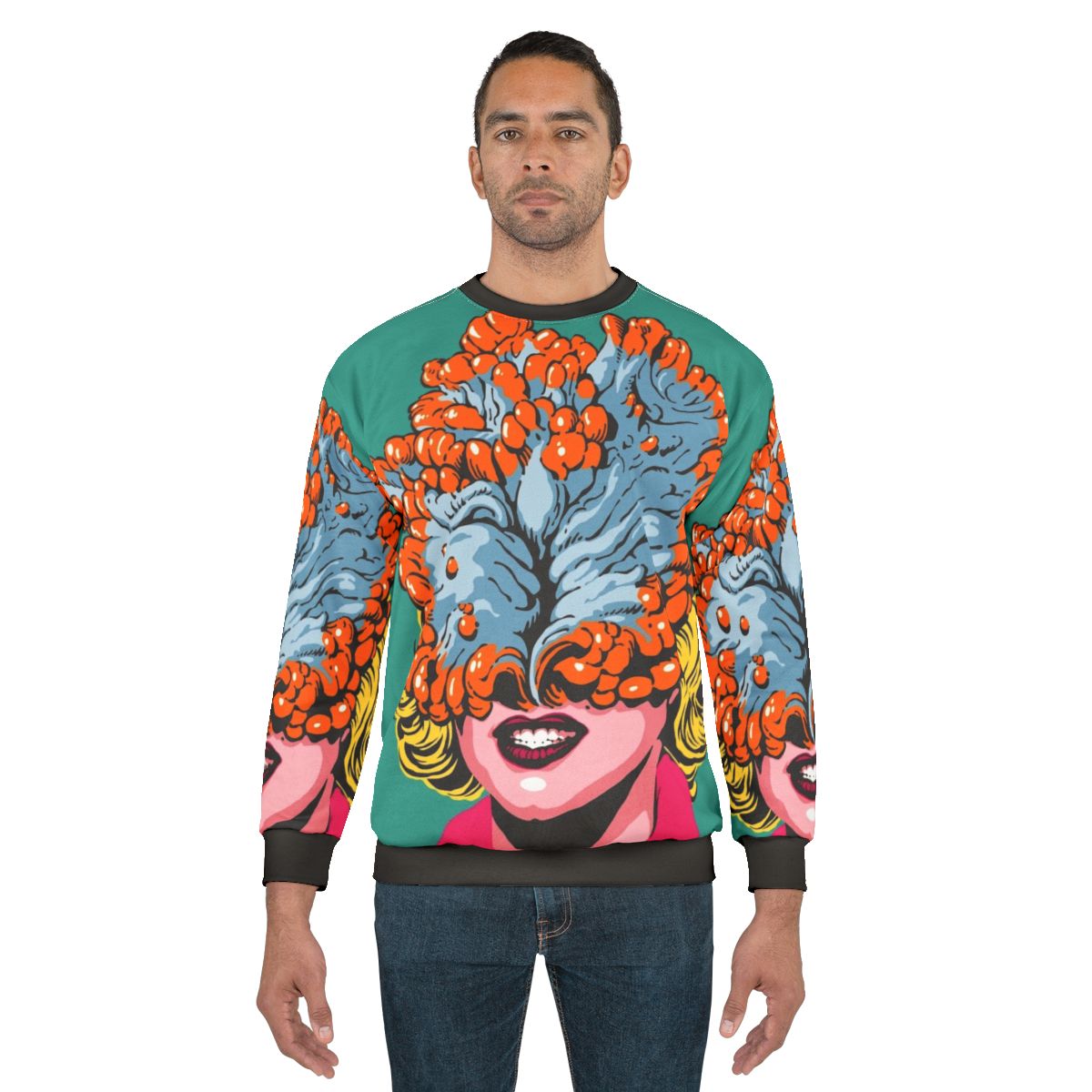 Pop art fungus design on a cozy sweatshirt